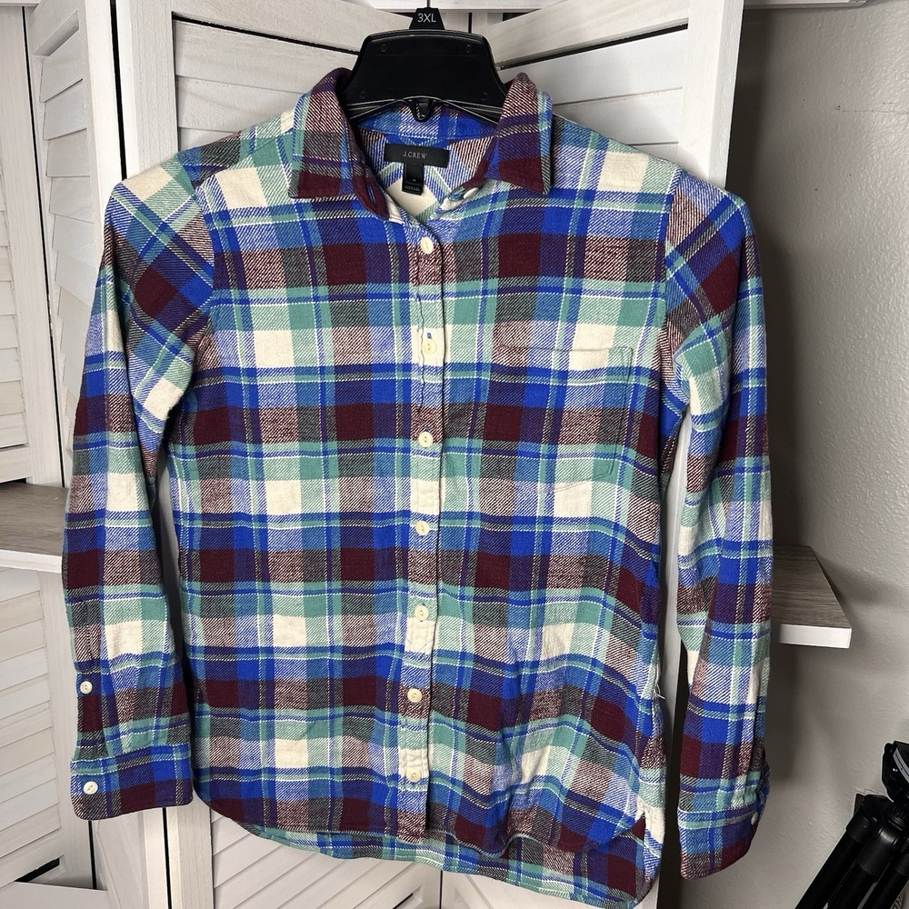 J Crew Plaid Flannel Button Down Shirt Shacket Boyfriend Red, Blue, Green Size 4